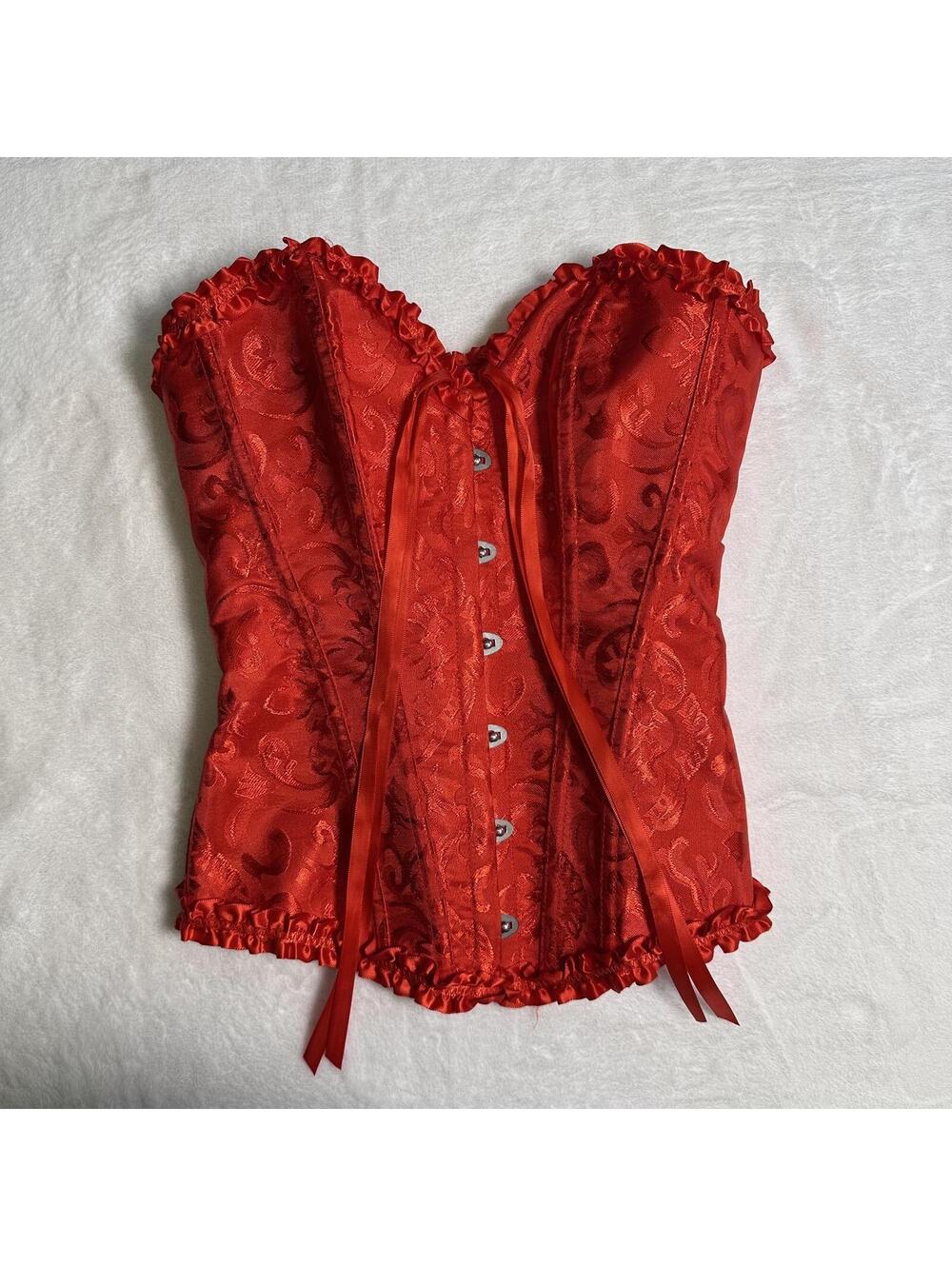 Red Brocade Corset Top with Ruffle Trim XS